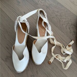 Castaner Tan and Cream Wedges with Ankle Straps